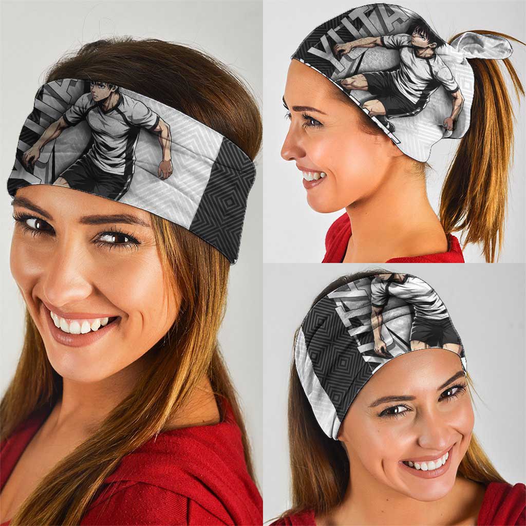 Personalized Okkotsu Yuta Jujutsu Kaisen Soccer Neck Gaiter with Dribbling Action Pose and Monochrome Geometric Graphic Design - The Mazicc