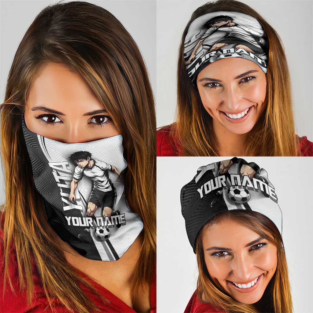 Personalized Okkotsu Yuta Jujutsu Kaisen Soccer Neck Gaiter with Dribbling Action Pose and Monochrome Geometric Graphic Design - The Mazicc
