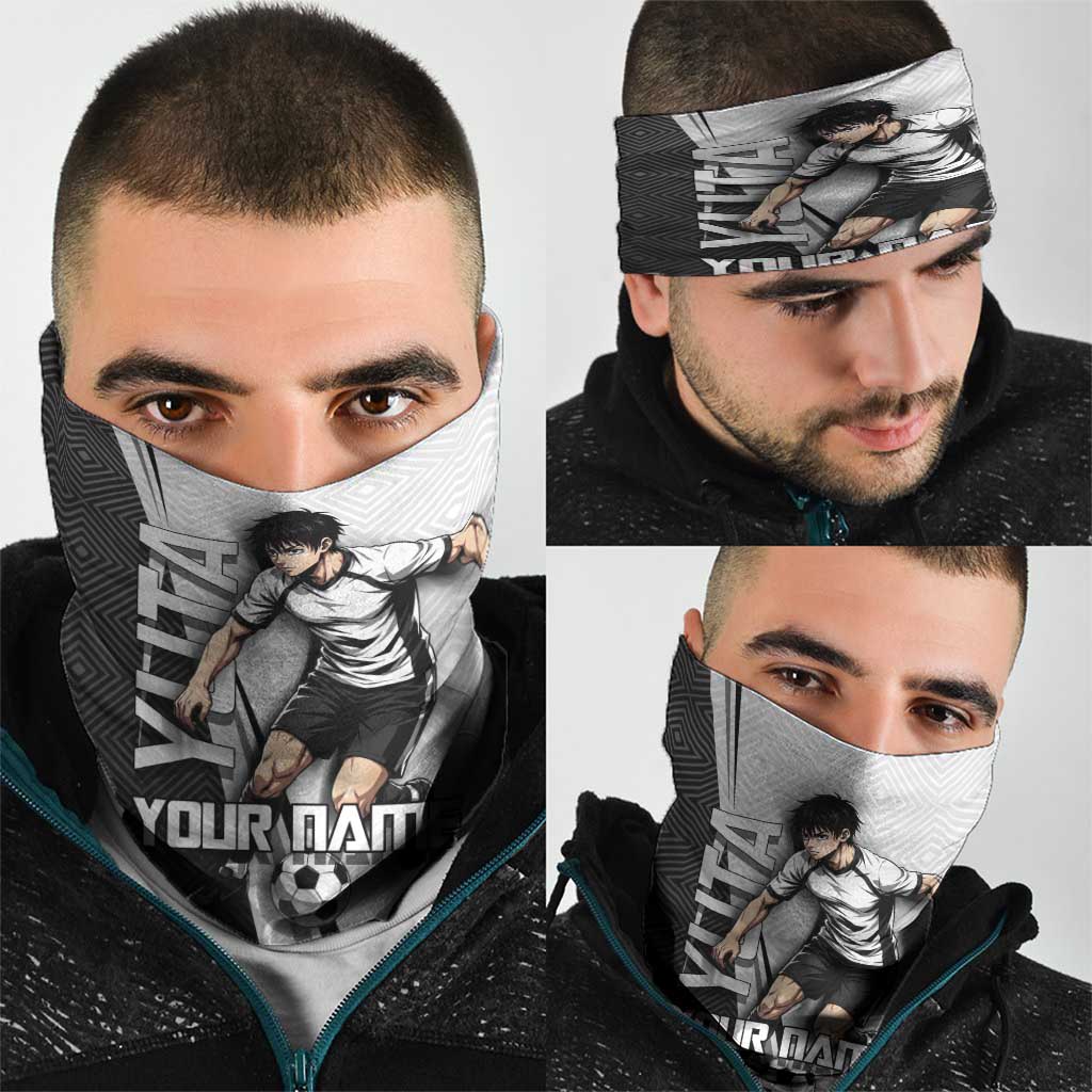 Personalized Okkotsu Yuta Jujutsu Kaisen Soccer Neck Gaiter with Dribbling Action Pose and Monochrome Geometric Graphic Design - The Mazicc