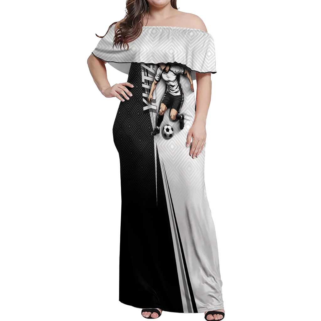 Personalized Okkotsu Yuta Jujutsu Kaisen Soccer Off Shoulder Maxi Dress with Dribbling Action Pose and Monochrome Geometric Graphic Design - The Mazicc