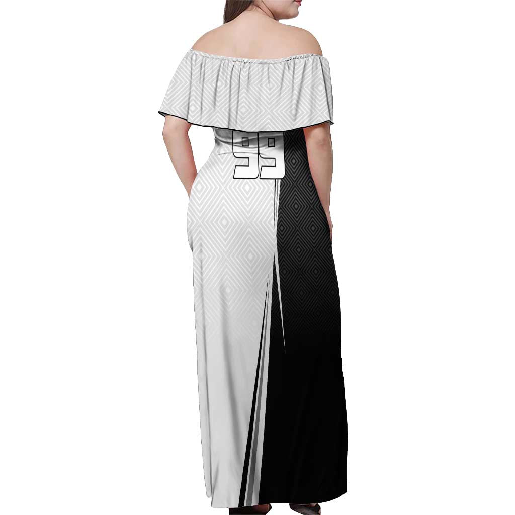 Personalized Okkotsu Yuta Jujutsu Kaisen Soccer Off Shoulder Maxi Dress with Dribbling Action Pose and Monochrome Geometric Graphic Design - The Mazicc