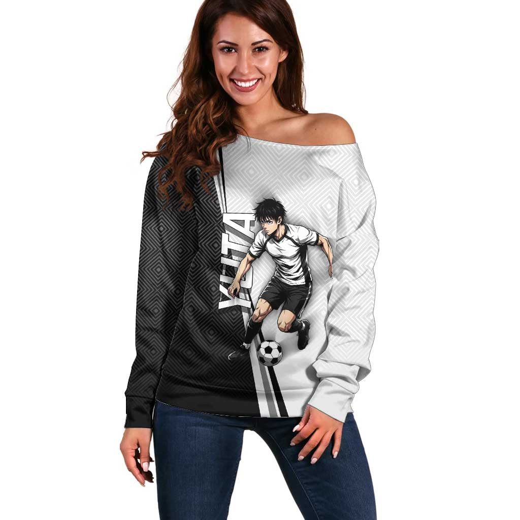 Personalized Okkotsu Yuta Jujutsu Kaisen Soccer Off Shoulder Sweater with Dribbling Action Pose and Monochrome Geometric Graphic Design - The Mazicc
