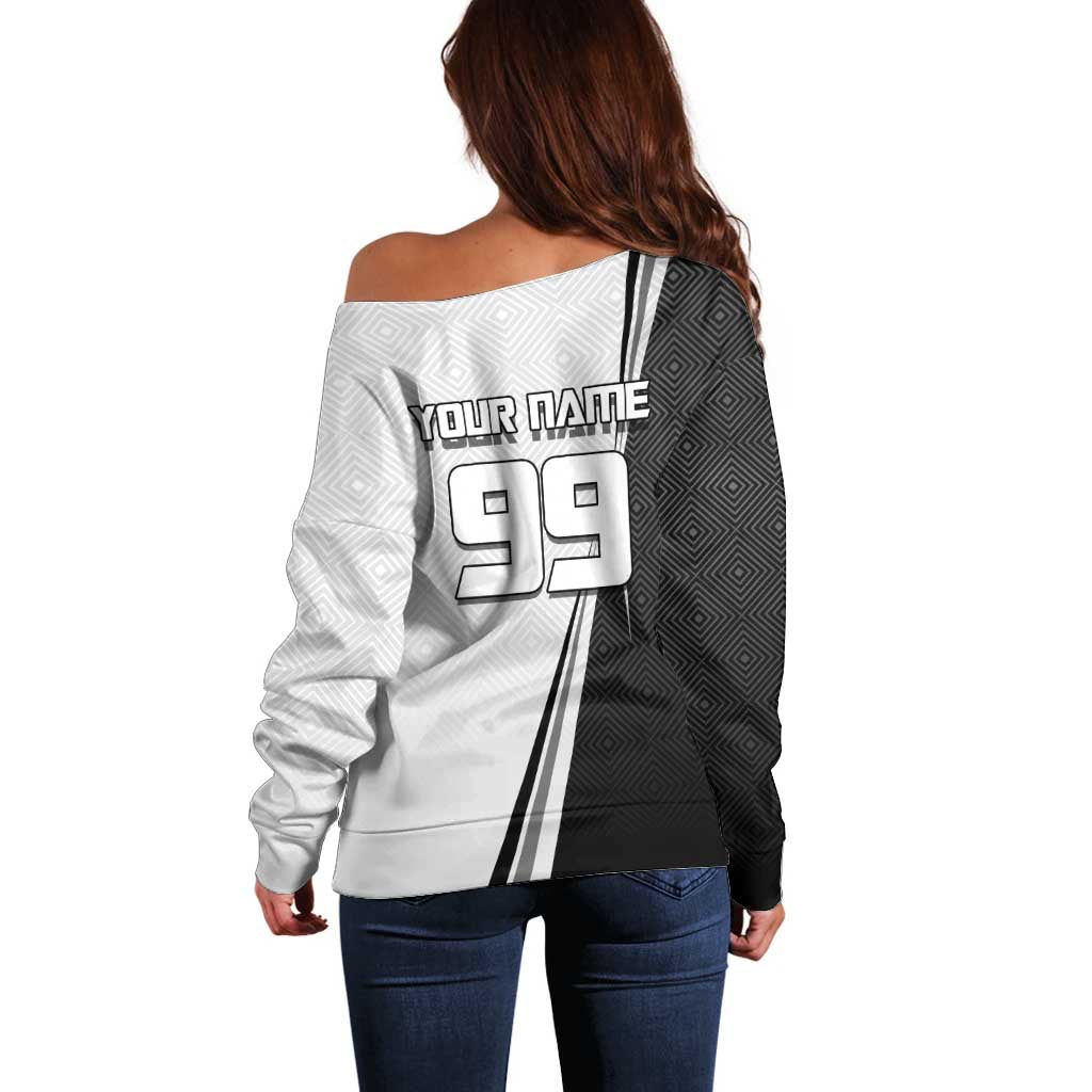 Personalized Okkotsu Yuta Jujutsu Kaisen Soccer Off Shoulder Sweater with Dribbling Action Pose and Monochrome Geometric Graphic Design - The Mazicc