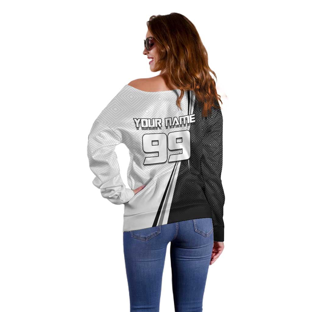 Personalized Okkotsu Yuta Jujutsu Kaisen Soccer Off Shoulder Sweater with Dribbling Action Pose and Monochrome Geometric Graphic Design - The Mazicc