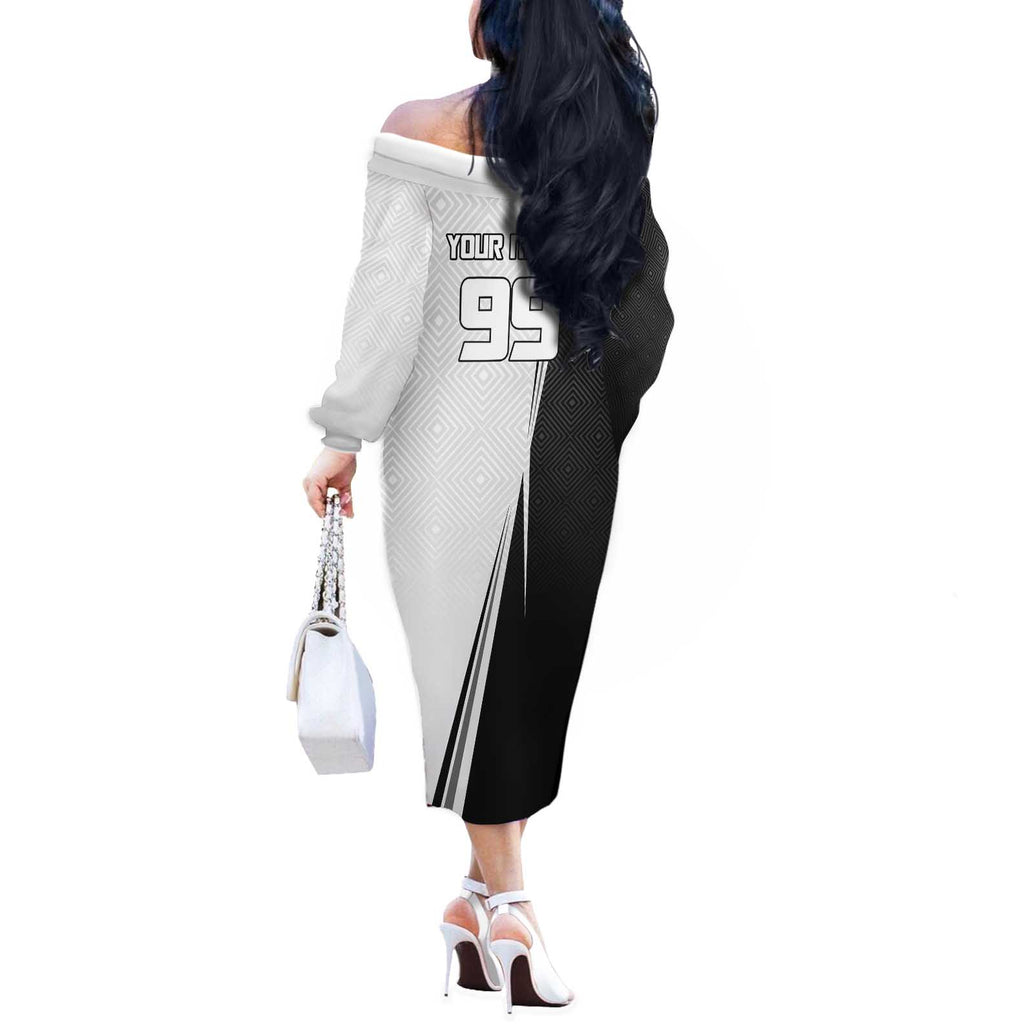 Personalized Okkotsu Yuta Jujutsu Kaisen Soccer Off The Shoulder Long Sleeve Dress with Dribbling Action Pose and Monochrome Geometric Graphic Design - The Mazicc