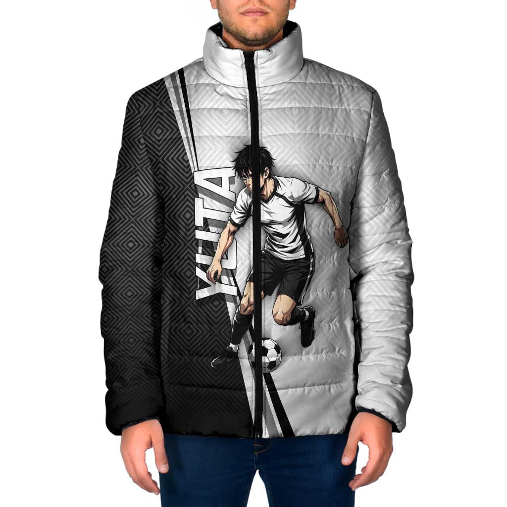 Personalized Okkotsu Yuta Jujutsu Kaisen Soccer Padded Jacket with Dribbling Action Pose and Monochrome Geometric Graphic Design - The Mazicc