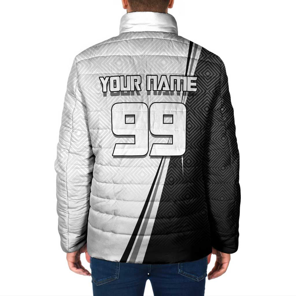 Personalized Okkotsu Yuta Jujutsu Kaisen Soccer Padded Jacket with Dribbling Action Pose and Monochrome Geometric Graphic Design - The Mazicc