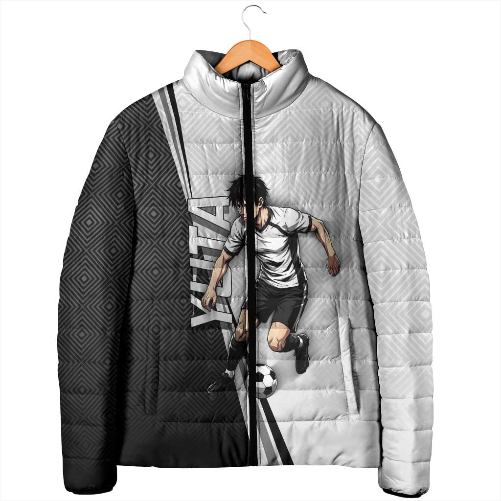 Personalized Okkotsu Yuta Jujutsu Kaisen Soccer Padded Jacket with Dribbling Action Pose and Monochrome Geometric Graphic Design - The Mazicc