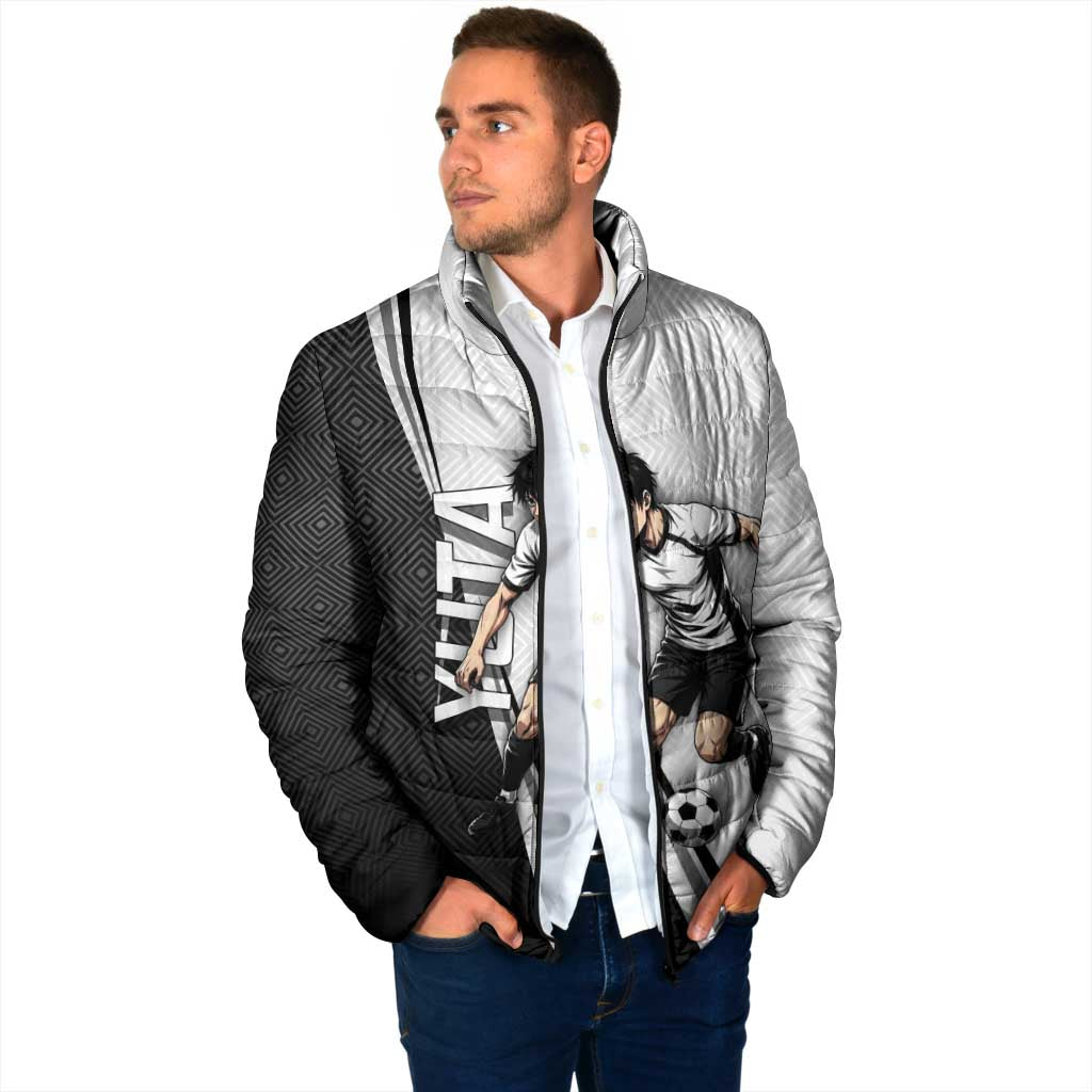 Personalized Okkotsu Yuta Jujutsu Kaisen Soccer Padded Jacket with Dribbling Action Pose and Monochrome Geometric Graphic Design - The Mazicc