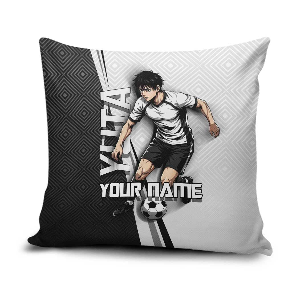 Personalized Okkotsu Yuta Jujutsu Kaisen Soccer Pillow Cover with Dribbling Action Pose and Monochrome Geometric Graphic Design - The Mazicc