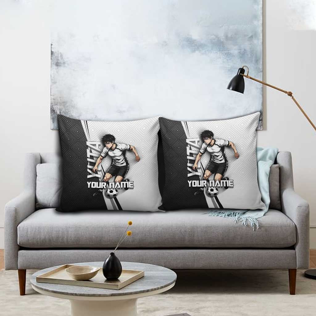 Personalized Okkotsu Yuta Jujutsu Kaisen Soccer Pillow Cover with Dribbling Action Pose and Monochrome Geometric Graphic Design - The Mazicc
