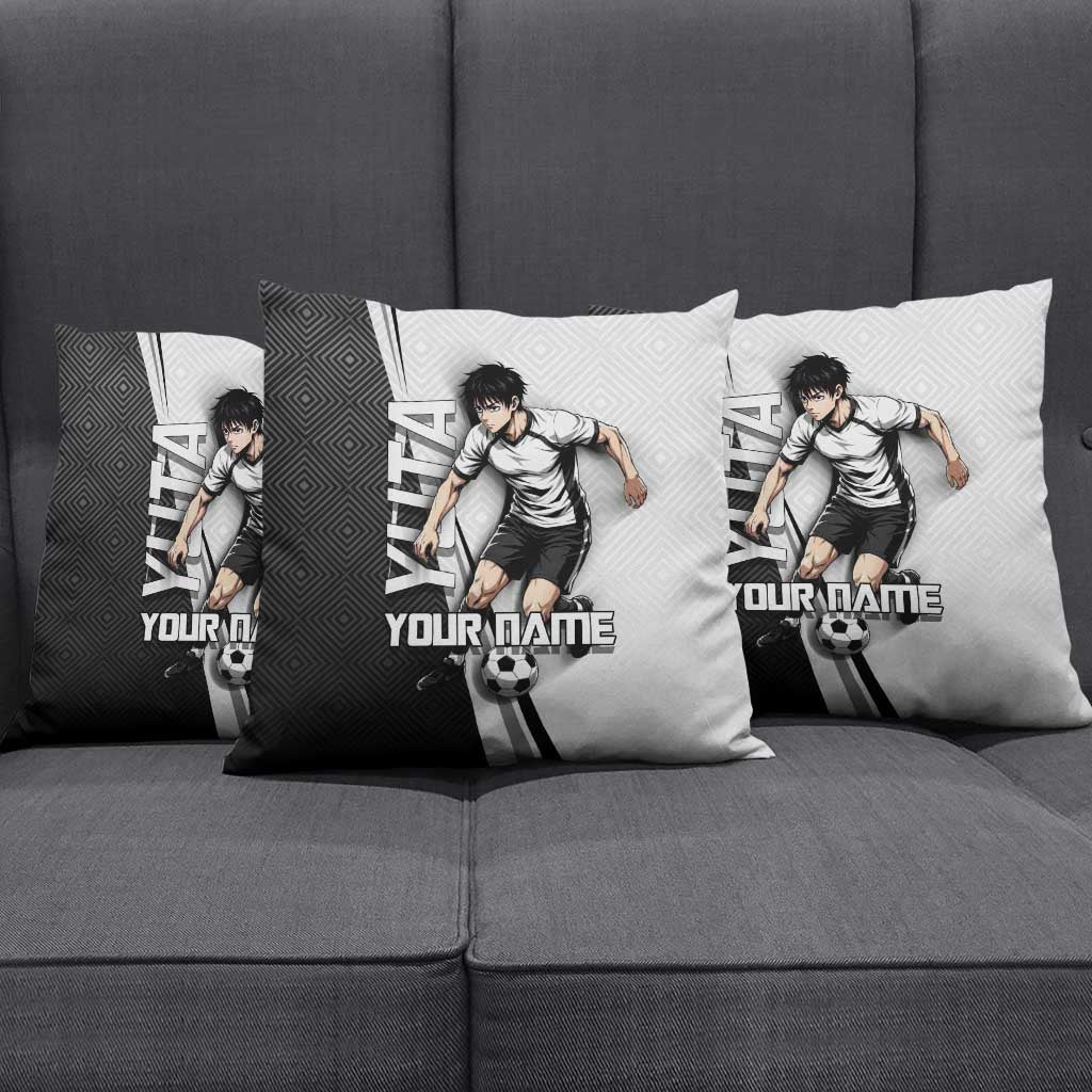 Personalized Okkotsu Yuta Jujutsu Kaisen Soccer Pillow Cover with Dribbling Action Pose and Monochrome Geometric Graphic Design - The Mazicc