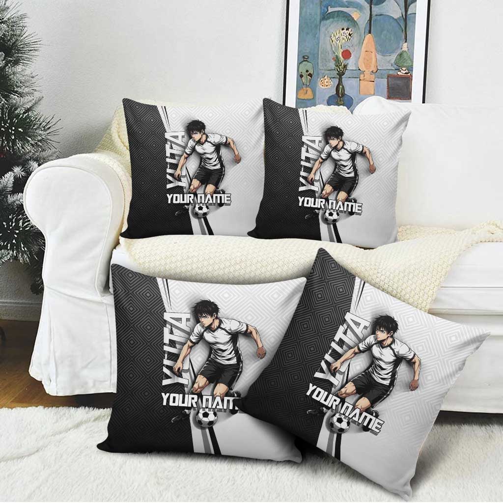 Personalized Okkotsu Yuta Jujutsu Kaisen Soccer Pillow Cover with Dribbling Action Pose and Monochrome Geometric Graphic Design - The Mazicc