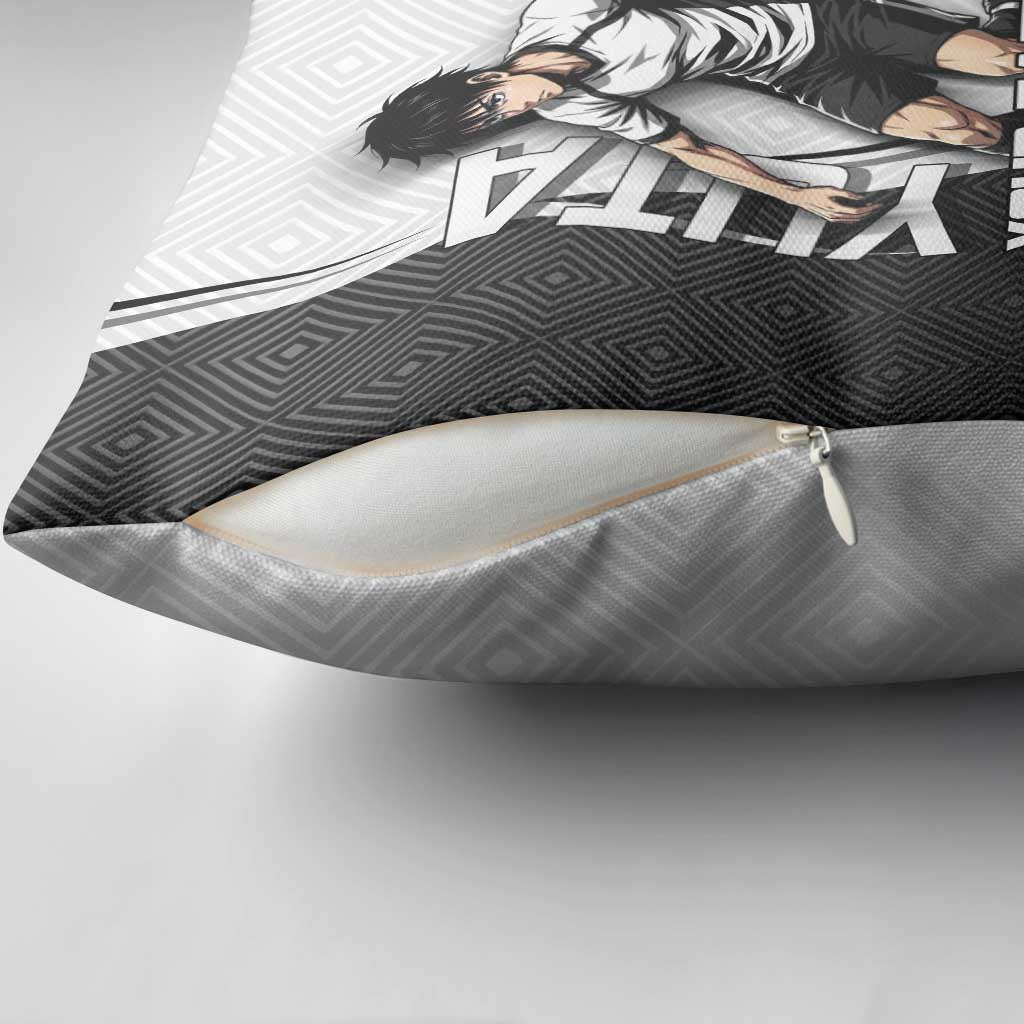 Personalized Okkotsu Yuta Jujutsu Kaisen Soccer Pillow Cover with Dribbling Action Pose and Monochrome Geometric Graphic Design - The Mazicc