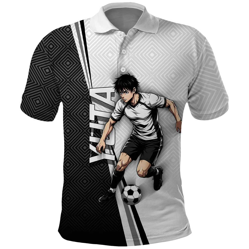 Personalized Okkotsu Yuta Jujutsu Kaisen Soccer Polo Shirt with Dribbling Action Pose and Monochrome Geometric Graphic Design - The Mazicc