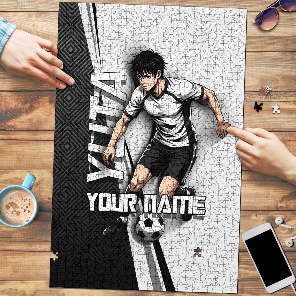 Personalized Okkotsu Yuta Jujutsu Kaisen Soccer Puzzle with Dribbling Action Pose and Monochrome Geometric Graphic Design - The Mazicc