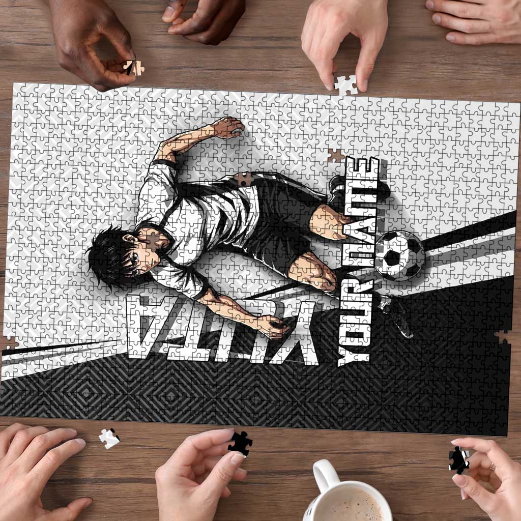 Personalized Okkotsu Yuta Jujutsu Kaisen Soccer Puzzle with Dribbling Action Pose and Monochrome Geometric Graphic Design - The Mazicc