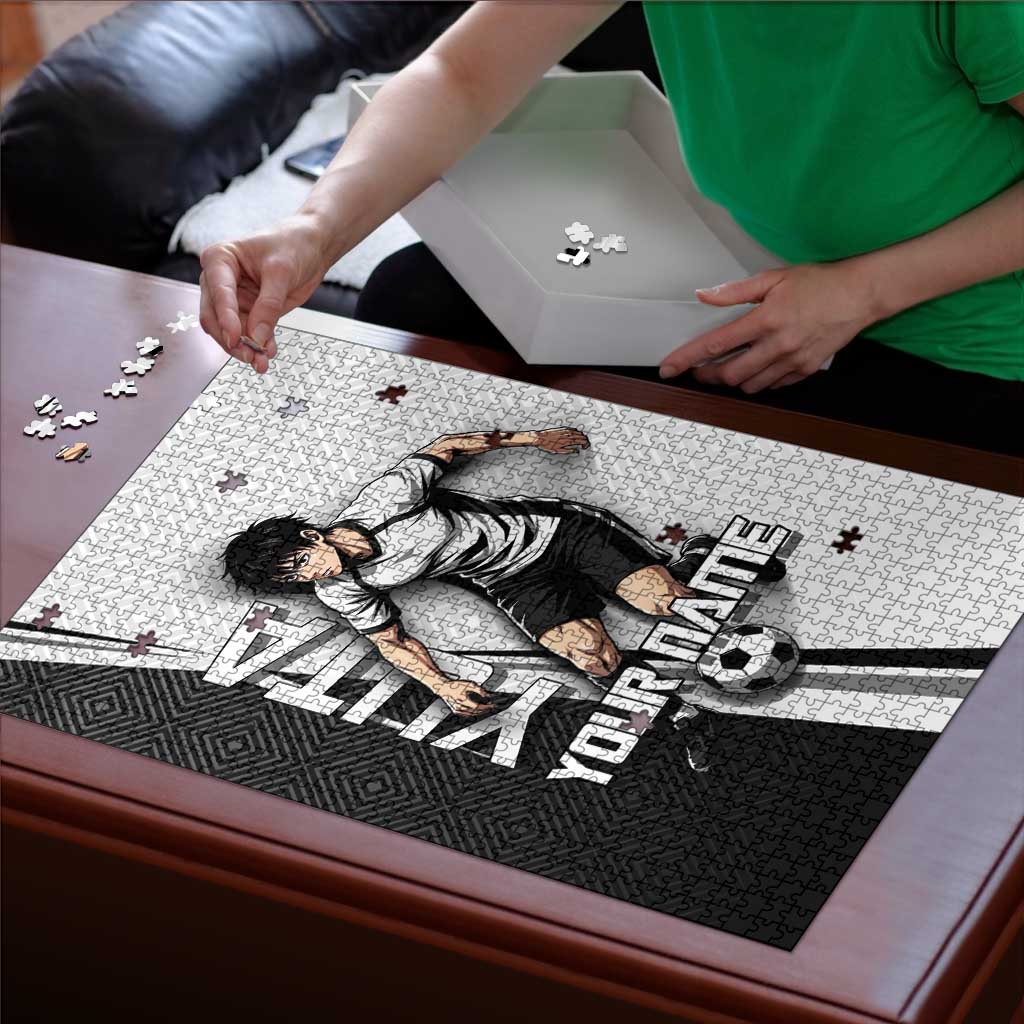 Personalized Okkotsu Yuta Jujutsu Kaisen Soccer Puzzle with Dribbling Action Pose and Monochrome Geometric Graphic Design - The Mazicc