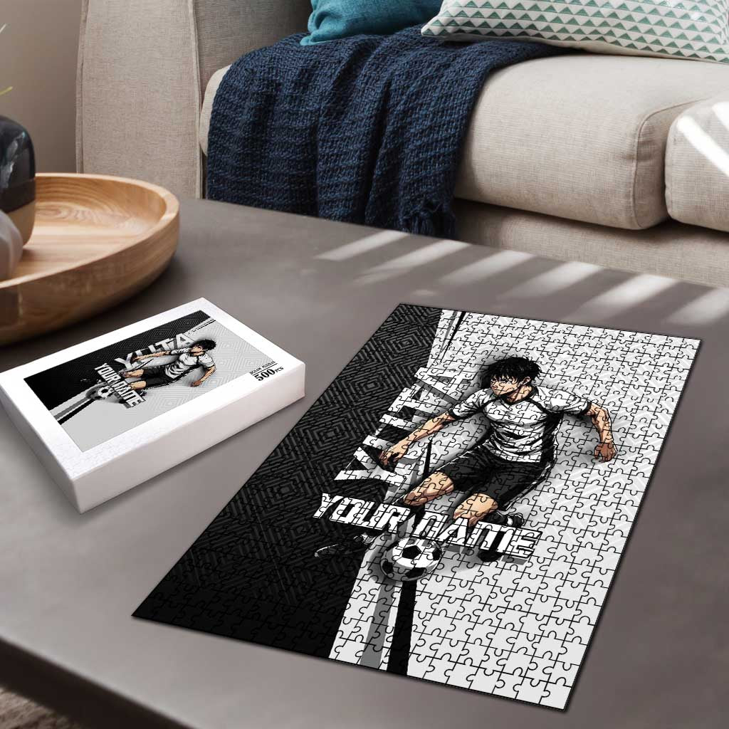 Personalized Okkotsu Yuta Jujutsu Kaisen Soccer Puzzle with Dribbling Action Pose and Monochrome Geometric Graphic Design - The Mazicc