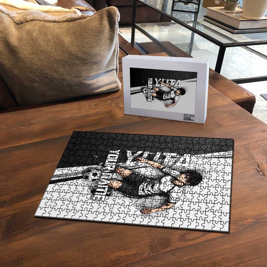 Personalized Okkotsu Yuta Jujutsu Kaisen Soccer Puzzle with Dribbling Action Pose and Monochrome Geometric Graphic Design - The Mazicc