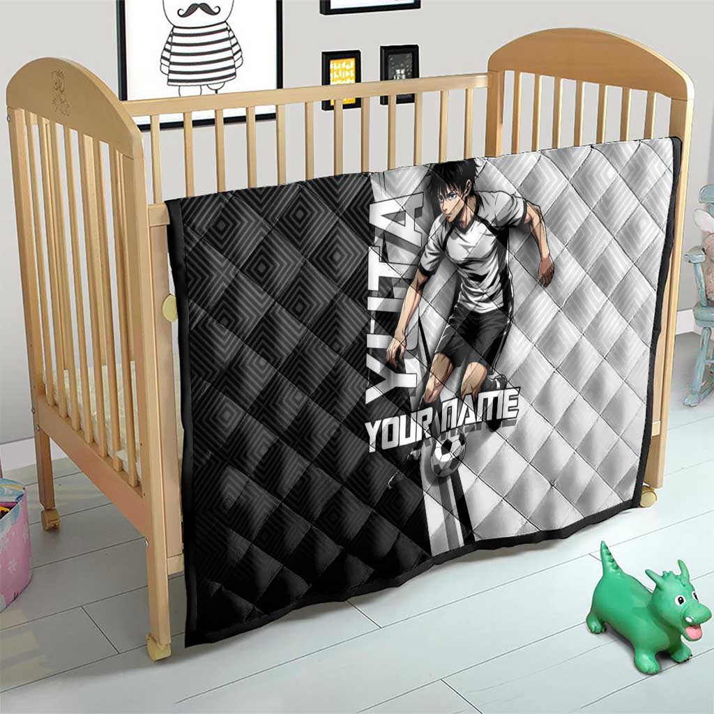 Personalized Okkotsu Yuta Jujutsu Kaisen Soccer Quilt with Dribbling Action Pose and Monochrome Geometric Graphic Design - The Mazicc
