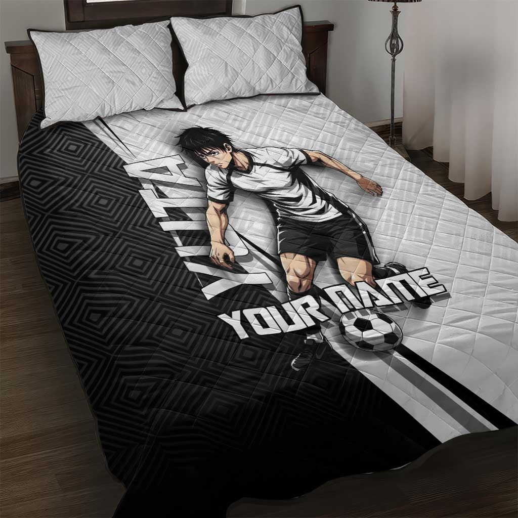 Personalized Okkotsu Yuta Jujutsu Kaisen Soccer Quilt Bed Set with Dribbling Action Pose and Monochrome Geometric Graphic Design - The Mazicc