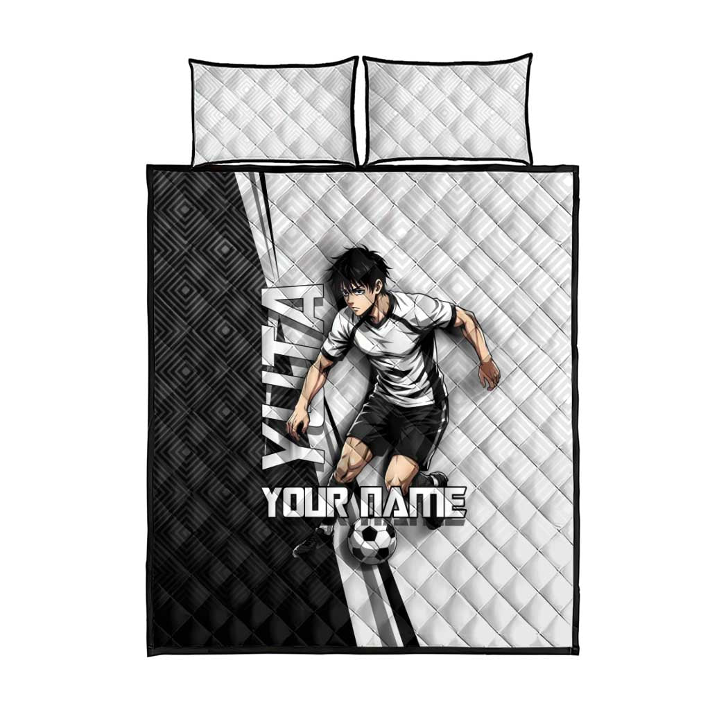 Personalized Okkotsu Yuta Jujutsu Kaisen Soccer Quilt Bed Set with Dribbling Action Pose and Monochrome Geometric Graphic Design - The Mazicc