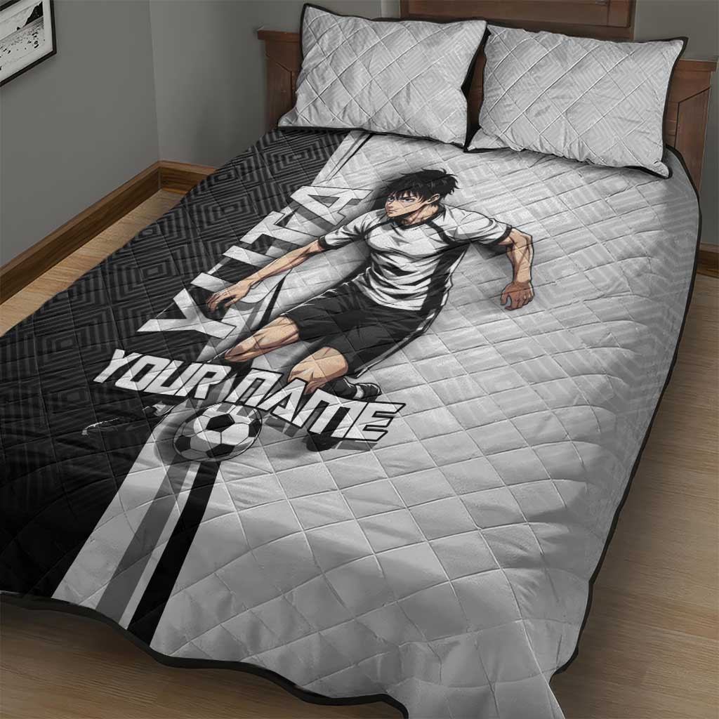 Personalized Okkotsu Yuta Jujutsu Kaisen Soccer Quilt Bed Set with Dribbling Action Pose and Monochrome Geometric Graphic Design - The Mazicc