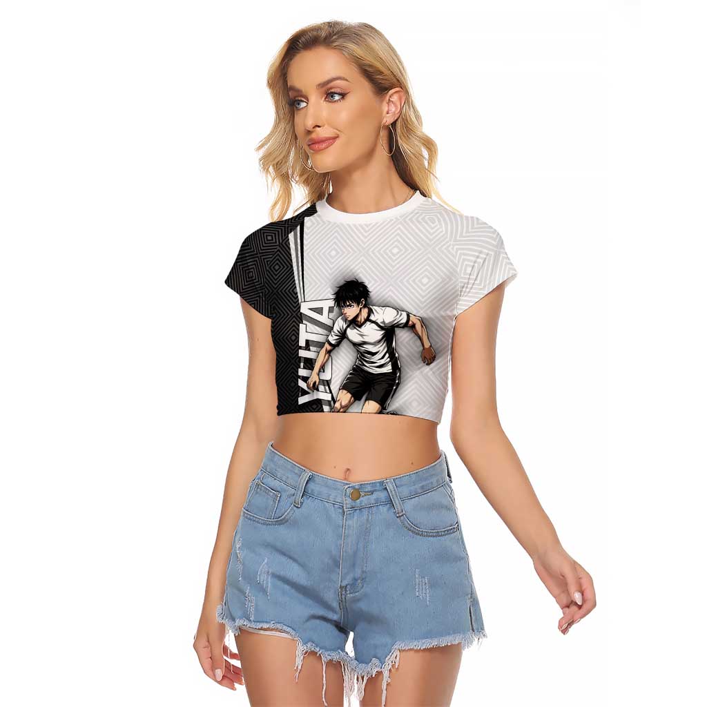 Personalized Okkotsu Yuta Jujutsu Kaisen Soccer Raglan Cropped T Shirt with Dribbling Action Pose and Monochrome Geometric Graphic Design - The Mazicc