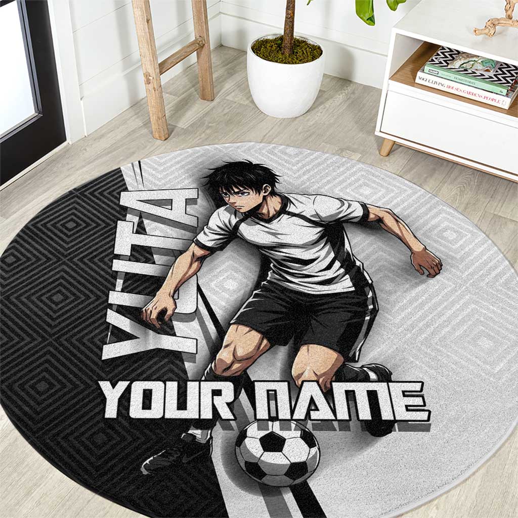 Personalized Okkotsu Yuta Jujutsu Kaisen Soccer Round Carpet with Dribbling Action Pose and Monochrome Geometric Graphic Design - The Mazicc