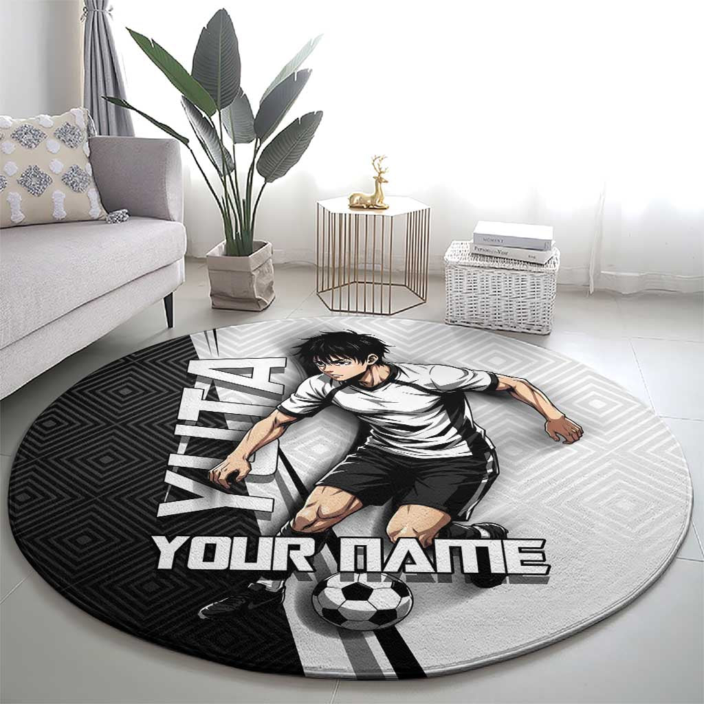 Personalized Okkotsu Yuta Jujutsu Kaisen Soccer Round Carpet with Dribbling Action Pose and Monochrome Geometric Graphic Design - The Mazicc