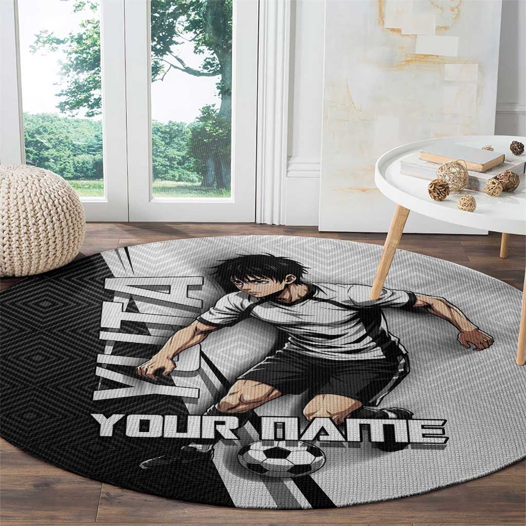 Personalized Okkotsu Yuta Jujutsu Kaisen Soccer Round Carpet with Dribbling Action Pose and Monochrome Geometric Graphic Design - The Mazicc