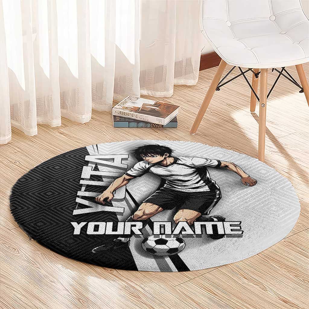 Personalized Okkotsu Yuta Jujutsu Kaisen Soccer Round Carpet with Dribbling Action Pose and Monochrome Geometric Graphic Design - The Mazicc