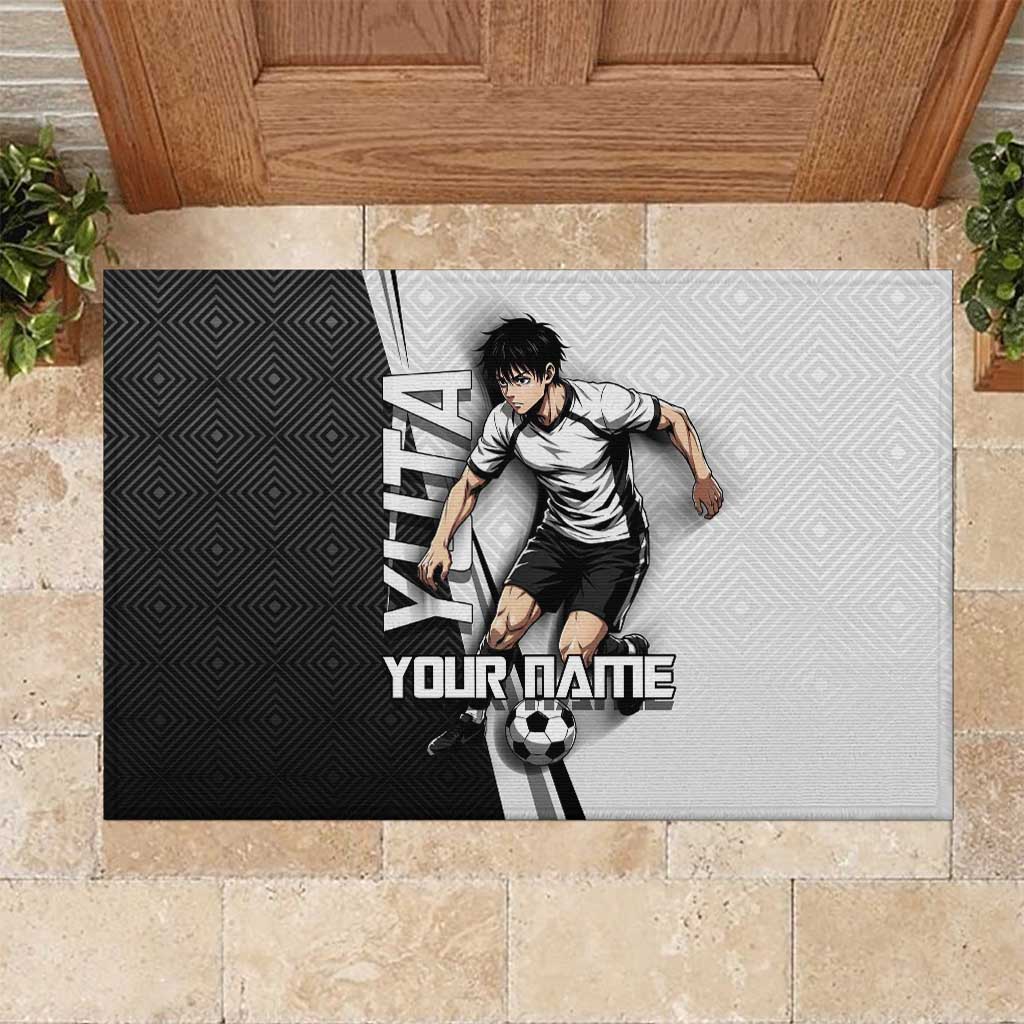 Personalized Okkotsu Yuta Jujutsu Kaisen Soccer Rubber Doormat with Dribbling Action Pose and Monochrome Geometric Graphic Design - The Mazicc