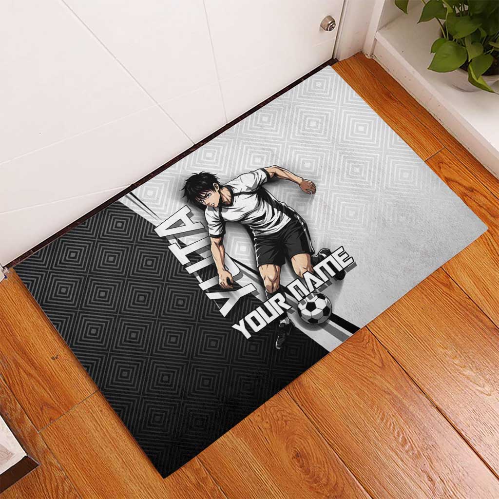 Personalized Okkotsu Yuta Jujutsu Kaisen Soccer Rubber Doormat with Dribbling Action Pose and Monochrome Geometric Graphic Design - The Mazicc