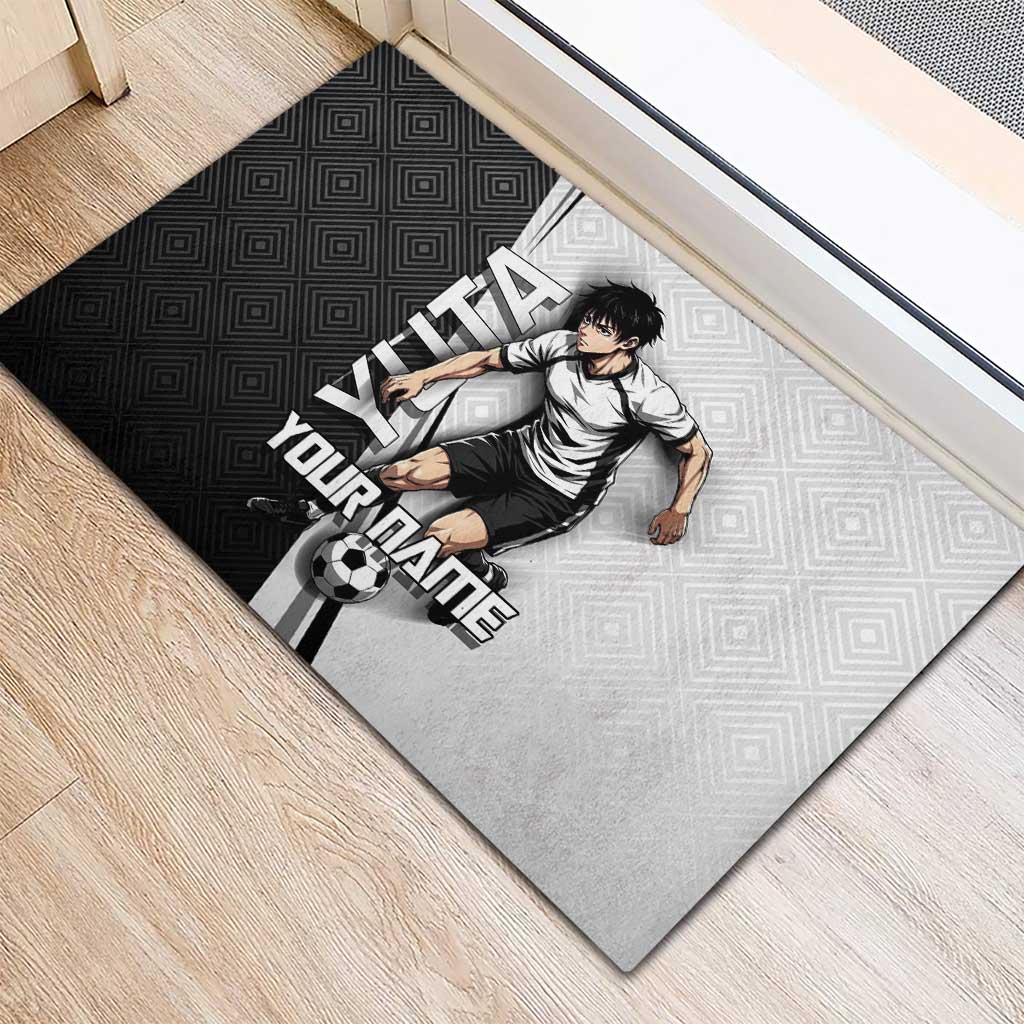 Personalized Okkotsu Yuta Jujutsu Kaisen Soccer Rubber Doormat with Dribbling Action Pose and Monochrome Geometric Graphic Design - The Mazicc