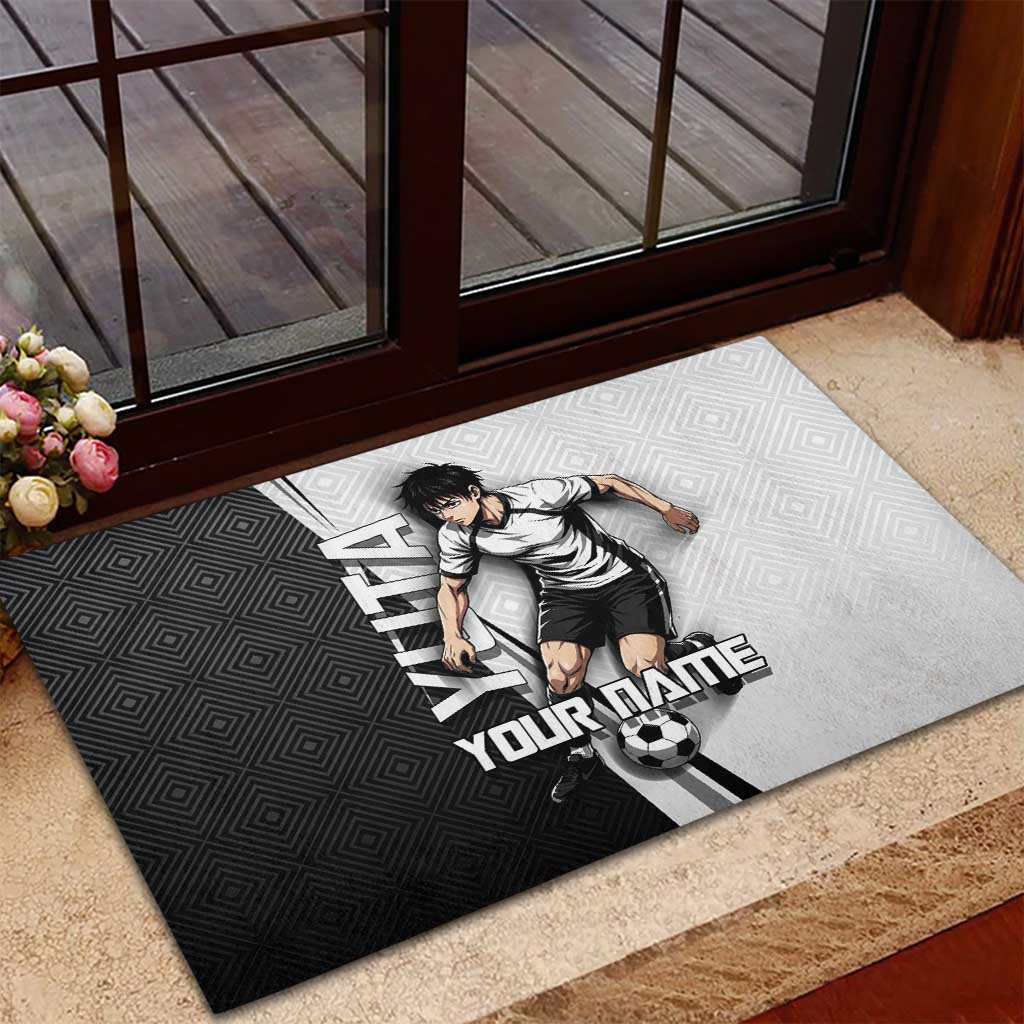 Personalized Okkotsu Yuta Jujutsu Kaisen Soccer Rubber Doormat with Dribbling Action Pose and Monochrome Geometric Graphic Design - The Mazicc