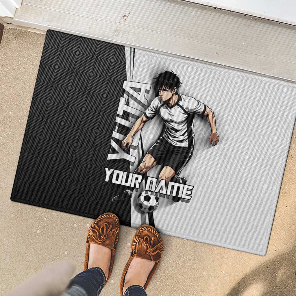 Personalized Okkotsu Yuta Jujutsu Kaisen Soccer Rubber Doormat with Dribbling Action Pose and Monochrome Geometric Graphic Design - The Mazicc