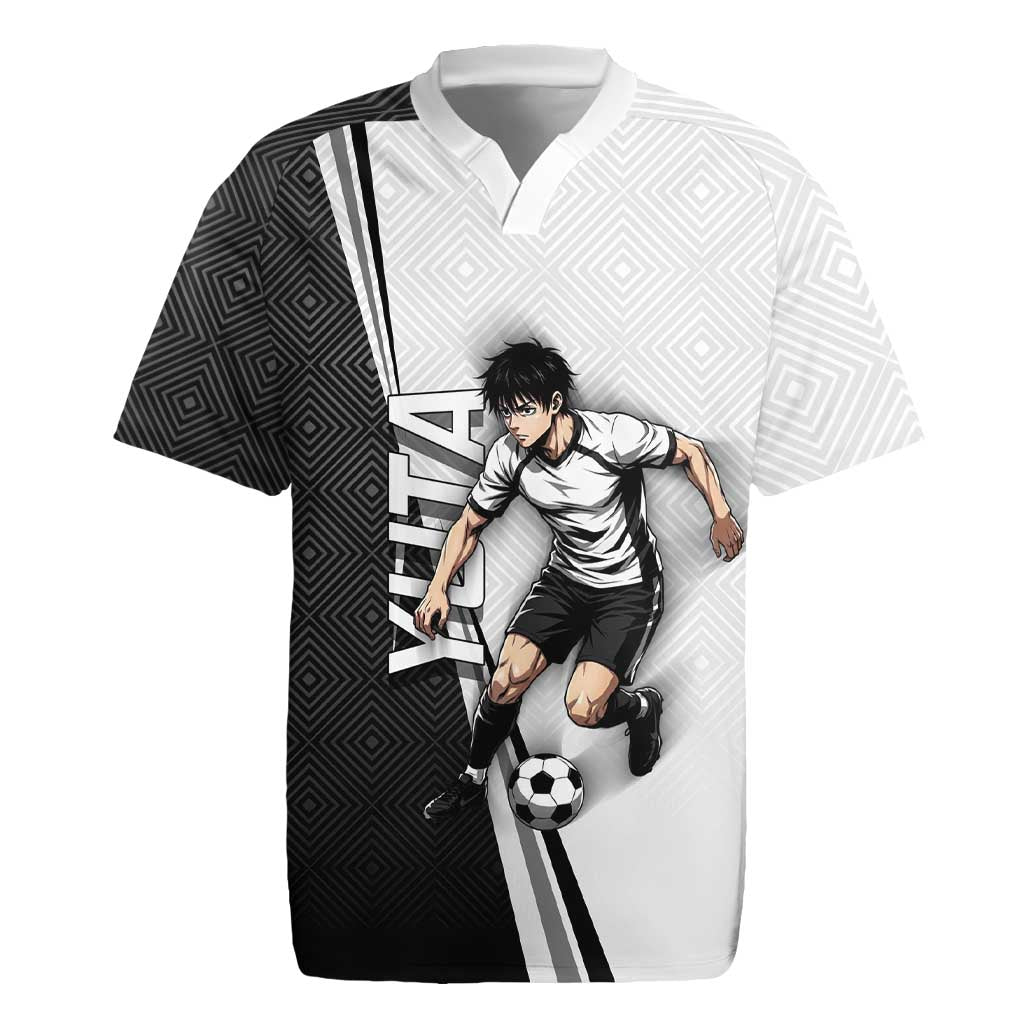 Personalized Okkotsu Yuta Jujutsu Kaisen Soccer Rugby Jersey with Dribbling Action Pose and Monochrome Geometric Graphic Design - The Mazicc