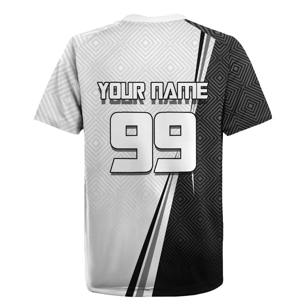Personalized Okkotsu Yuta Jujutsu Kaisen Soccer Rugby Jersey with Dribbling Action Pose and Monochrome Geometric Graphic Design - The Mazicc