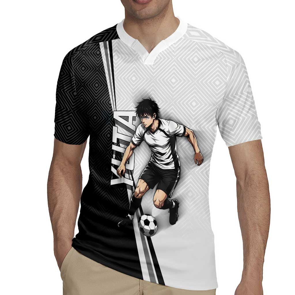 Personalized Okkotsu Yuta Jujutsu Kaisen Soccer Rugby Jersey with Dribbling Action Pose and Monochrome Geometric Graphic Design - The Mazicc
