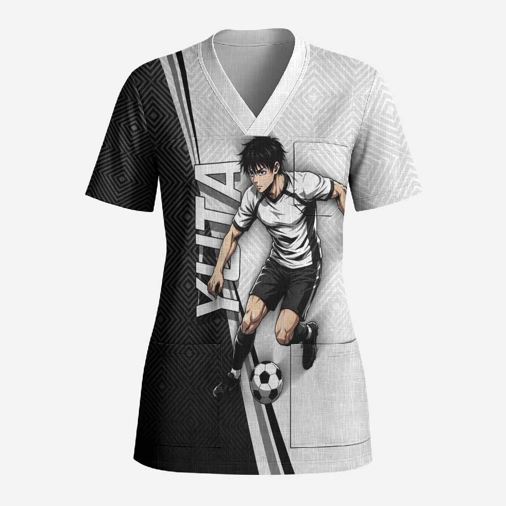 Personalized Okkotsu Yuta Jujutsu Kaisen Soccer Scrub Top with Dribbling Action Pose and Monochrome Geometric Graphic Design - The Mazicc