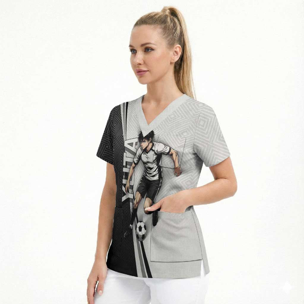 Personalized Okkotsu Yuta Jujutsu Kaisen Soccer Scrub Top with Dribbling Action Pose and Monochrome Geometric Graphic Design - The Mazicc