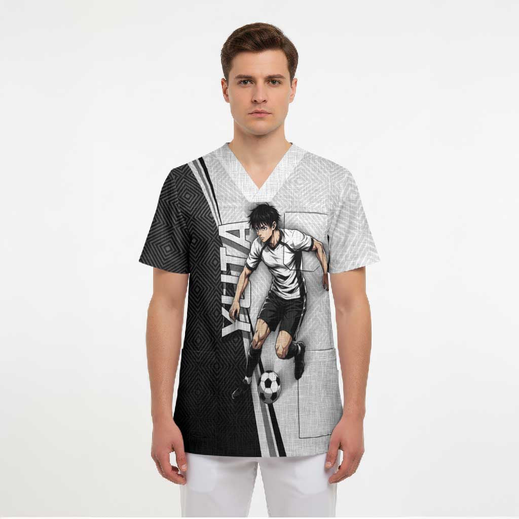 Personalized Okkotsu Yuta Jujutsu Kaisen Soccer Scrub Top with Dribbling Action Pose and Monochrome Geometric Graphic Design - The Mazicc