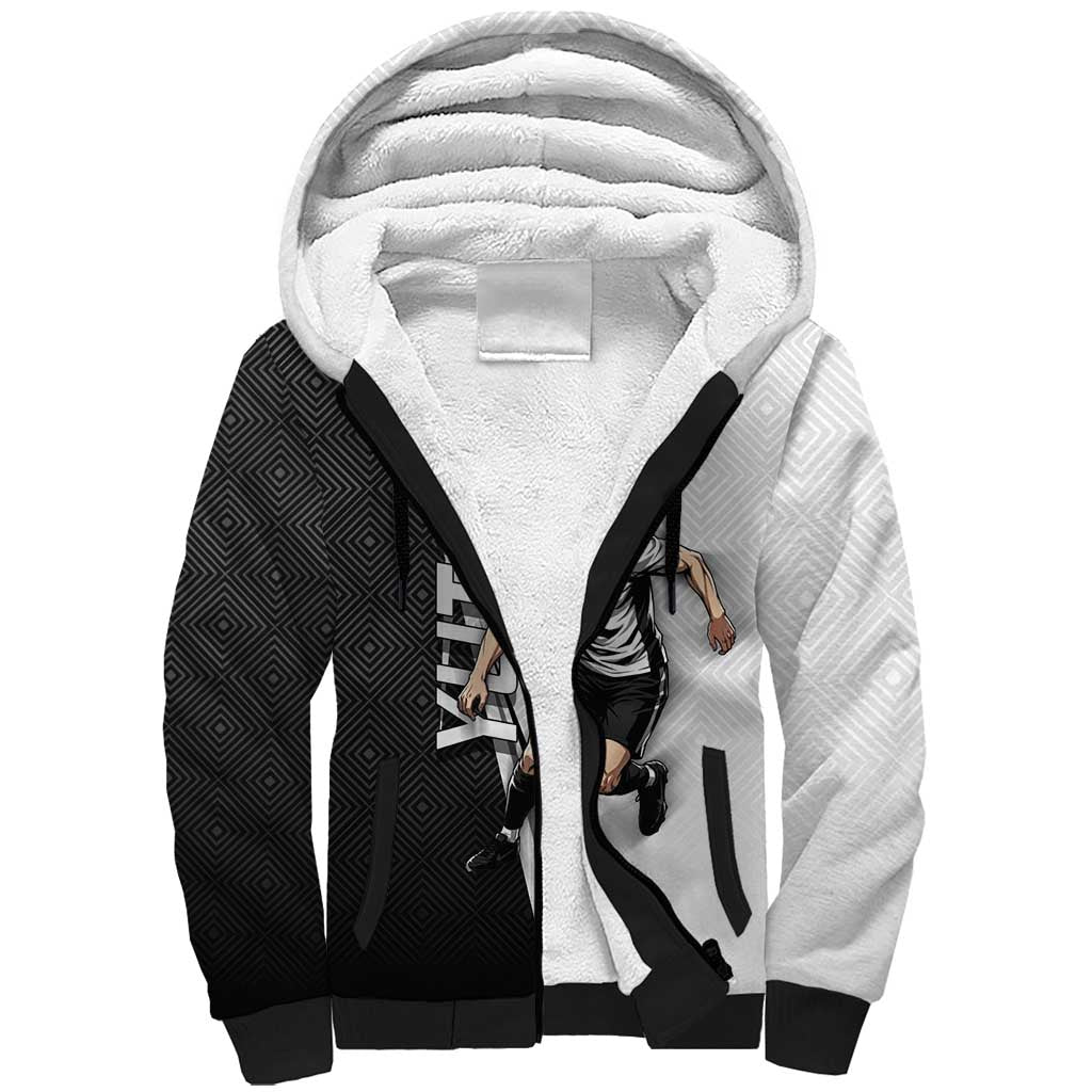 Personalized Okkotsu Yuta Jujutsu Kaisen Soccer Sherpa Hoodie with Dribbling Action Pose and Monochrome Geometric Graphic Design - The Mazicc