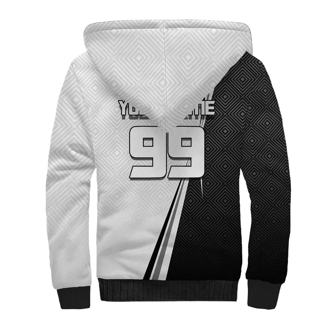 Personalized Okkotsu Yuta Jujutsu Kaisen Soccer Sherpa Hoodie with Dribbling Action Pose and Monochrome Geometric Graphic Design - The Mazicc