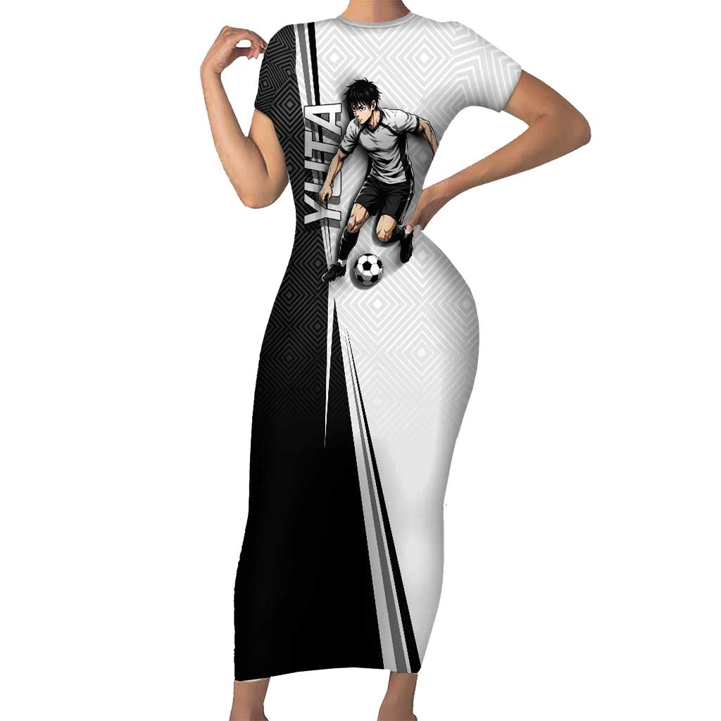 Personalized Okkotsu Yuta Jujutsu Kaisen Soccer Short Sleeve Bodycon Dress with Dribbling Action Pose and Monochrome Geometric Graphic Design - The Mazicc