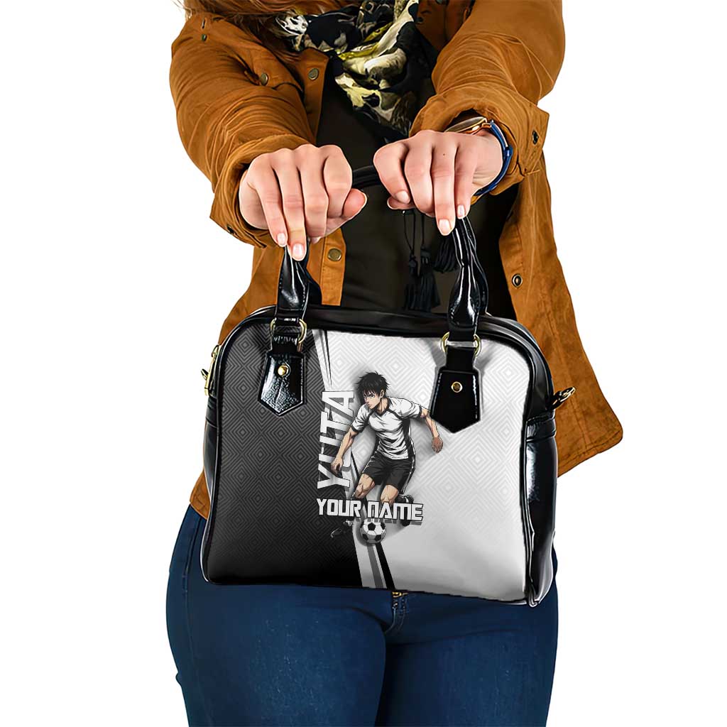 Personalized Okkotsu Yuta Jujutsu Kaisen Soccer Shoulder Handbag with Dribbling Action Pose and Monochrome Geometric Graphic Design - The Mazicc