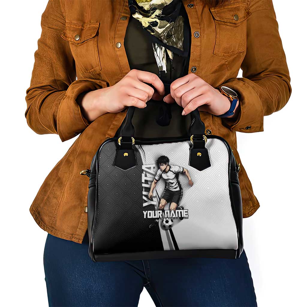 Personalized Okkotsu Yuta Jujutsu Kaisen Soccer Shoulder Handbag with Dribbling Action Pose and Monochrome Geometric Graphic Design - The Mazicc