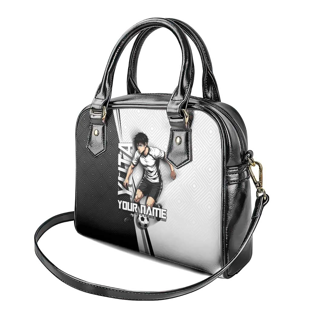 Personalized Okkotsu Yuta Jujutsu Kaisen Soccer Shoulder Handbag with Dribbling Action Pose and Monochrome Geometric Graphic Design - The Mazicc